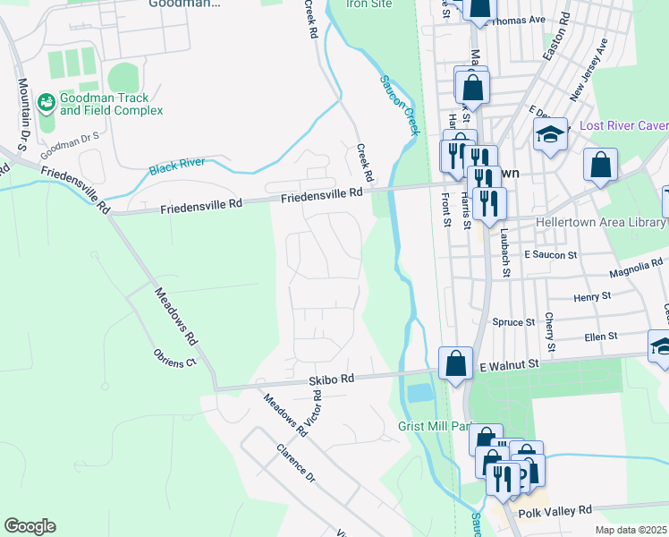 map of restaurants, bars, coffee shops, grocery stores, and more near 1911 Delancey Street in Hellertown