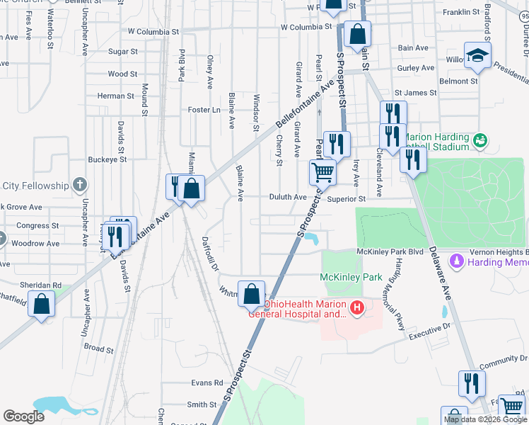 map of restaurants, bars, coffee shops, grocery stores, and more near 317 Duluth Avenue in Marion