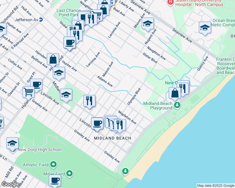 map of restaurants, bars, coffee shops, grocery stores, and more near 91 Grimsby Street in Staten Island