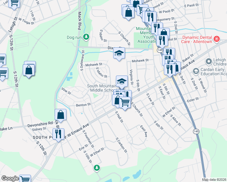 map of restaurants, bars, coffee shops, grocery stores, and more near 2041 Baker Drive in Allentown