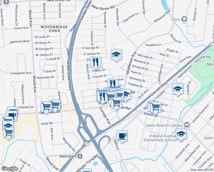 map of restaurants, bars, coffee shops, grocery stores, and more near 88 Marconi Avenue in Woodbridge Township