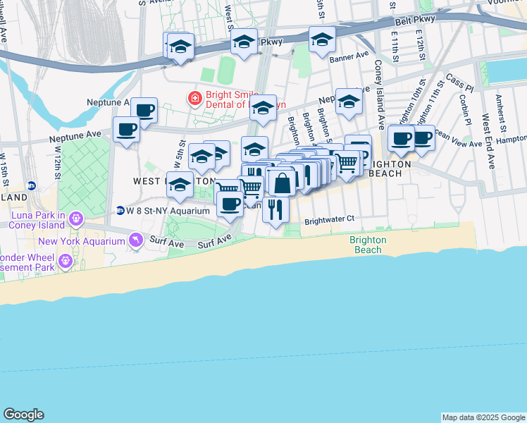 map of restaurants, bars, coffee shops, grocery stores, and more near 229 Brighton Beach Avenue in Brooklyn