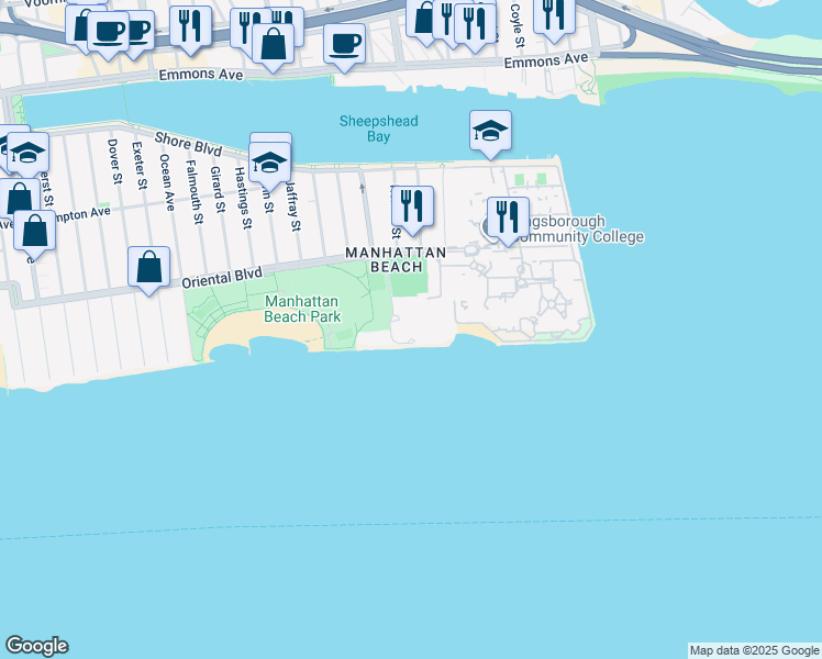 map of restaurants, bars, coffee shops, grocery stores, and more near 1516 Oriental Boulevard in Brooklyn