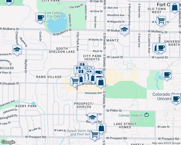 map of restaurants, bars, coffee shops, grocery stores, and more near in Fort Collins