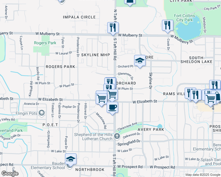 map of restaurants, bars, coffee shops, grocery stores, and more near 833 South Taft Hill Road in Fort Collins