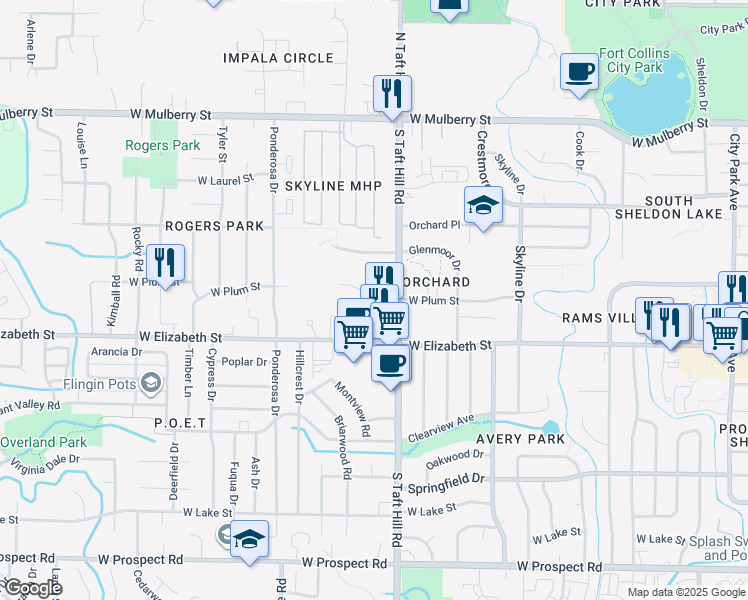 map of restaurants, bars, coffee shops, grocery stores, and more near 833 South Taft Hill Road in Fort Collins