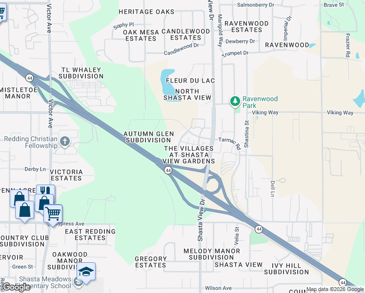 map of restaurants, bars, coffee shops, grocery stores, and more near 2348 la Villa Way in Redding