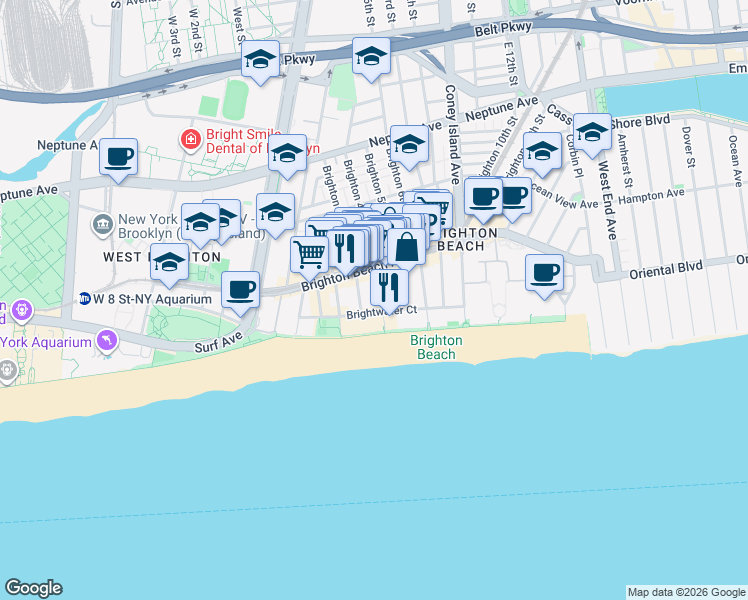 map of restaurants, bars, coffee shops, grocery stores, and more near 3110 Brighton 4th Street in Brooklyn