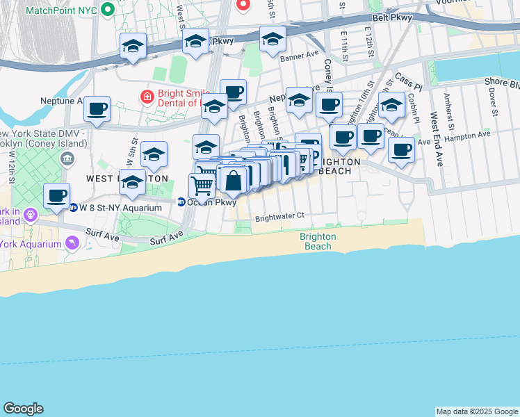map of restaurants, bars, coffee shops, grocery stores, and more near 3089 Brighton 2nd Street in Brooklyn