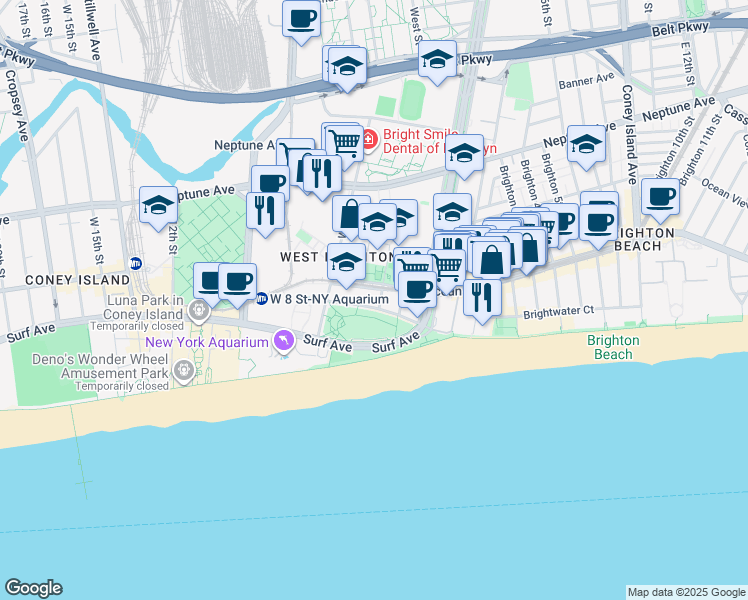 map of restaurants, bars, coffee shops, grocery stores, and more near 201 West Brighton Avenue in Brooklyn