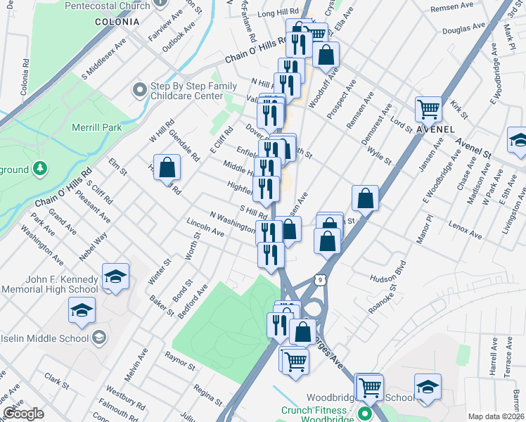 map of restaurants, bars, coffee shops, grocery stores, and more near 13 Highfield Road in Woodbridge Township