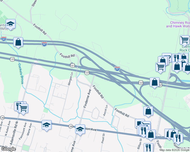 map of restaurants, bars, coffee shops, grocery stores, and more near 1400 U.S. 22 in Bridgewater