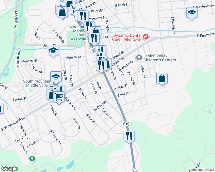 map of restaurants, bars, coffee shops, grocery stores, and more near 2332-2334 South 4th Street in Allentown