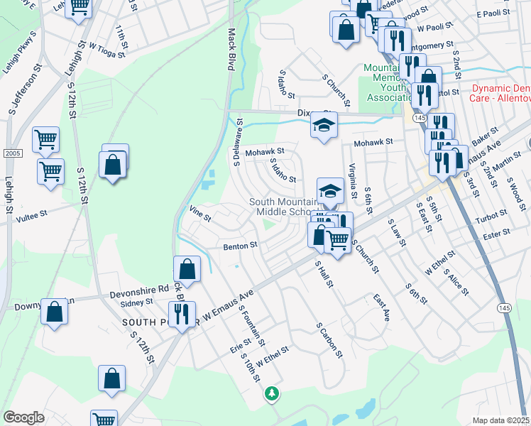 map of restaurants, bars, coffee shops, grocery stores, and more near 2014 South Delaware Street in Allentown