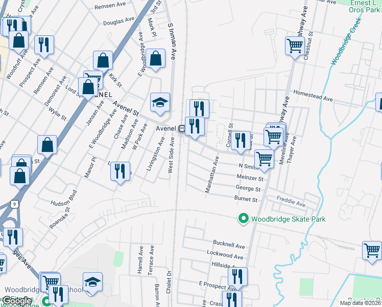 map of restaurants, bars, coffee shops, grocery stores, and more near 54 Pennsylvania Avenue in Woodbridge Township