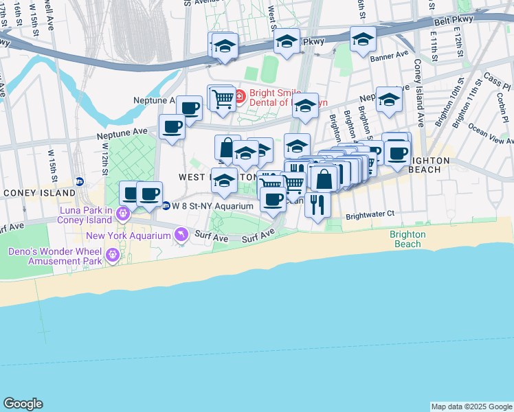 map of restaurants, bars, coffee shops, grocery stores, and more near 135 Sea Breeze Avenue in Brooklyn
