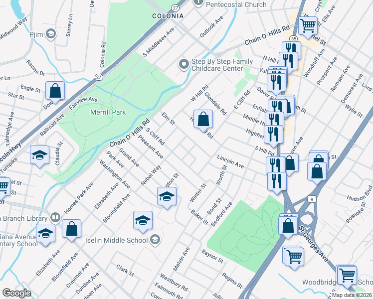 map of restaurants, bars, coffee shops, grocery stores, and more near 64 Bartow Avenue in Woodbridge Township
