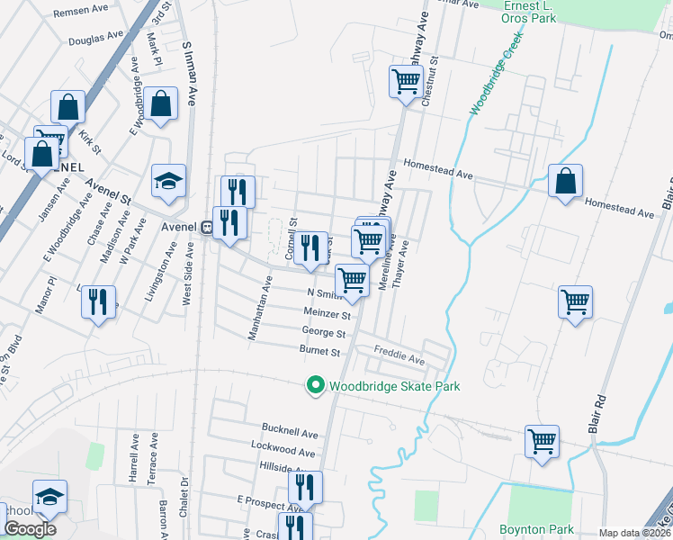 map of restaurants, bars, coffee shops, grocery stores, and more near 29 Harvard Avenue in Woodbridge Township