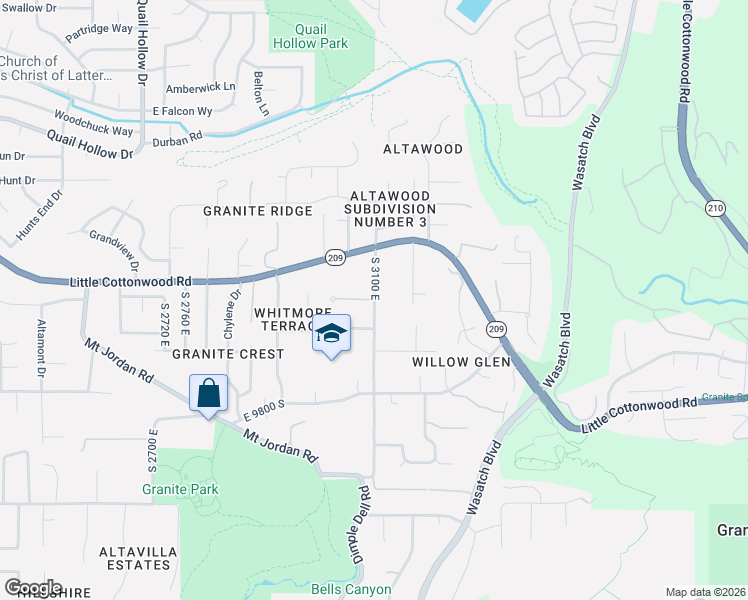 map of restaurants, bars, coffee shops, grocery stores, and more near 9600 South 3100 East in Sandy