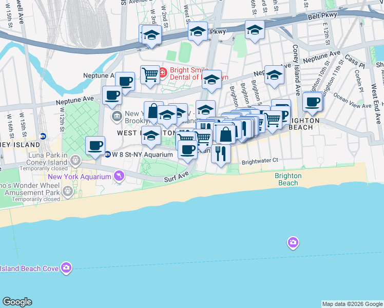 map of restaurants, bars, coffee shops, grocery stores, and more near 3101 Ocean Parkway in Brooklyn