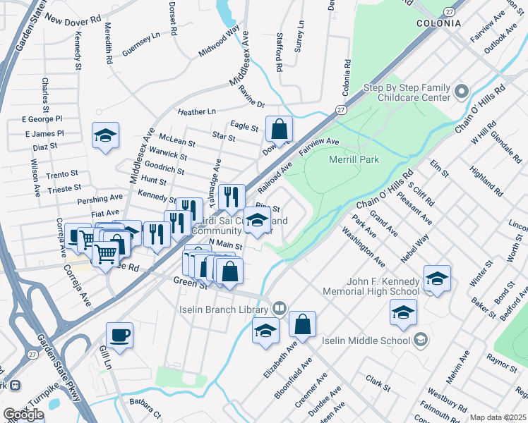 map of restaurants, bars, coffee shops, grocery stores, and more near 95 Pine Street in Woodbridge Township