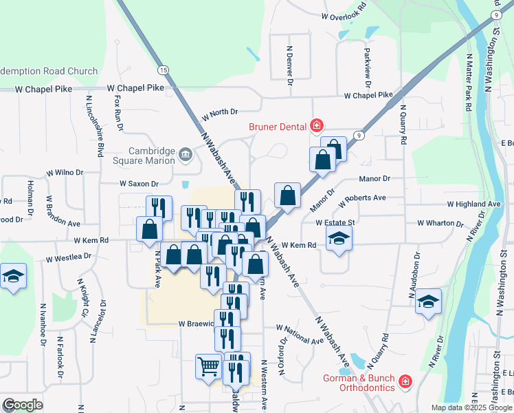 map of restaurants, bars, coffee shops, grocery stores, and more near 1323 North Baldwin Avenue in Marion