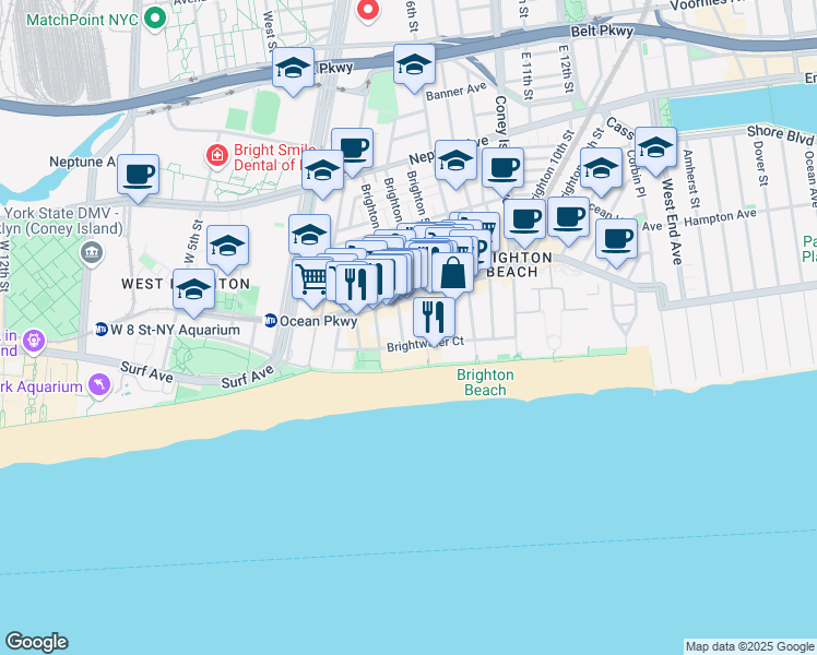 map of restaurants, bars, coffee shops, grocery stores, and more near 3105 Brighton 3rd Street in Brooklyn