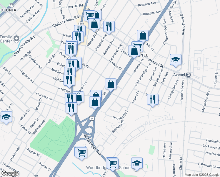 map of restaurants, bars, coffee shops, grocery stores, and more near 102 Minna Avenue in Woodbridge Township