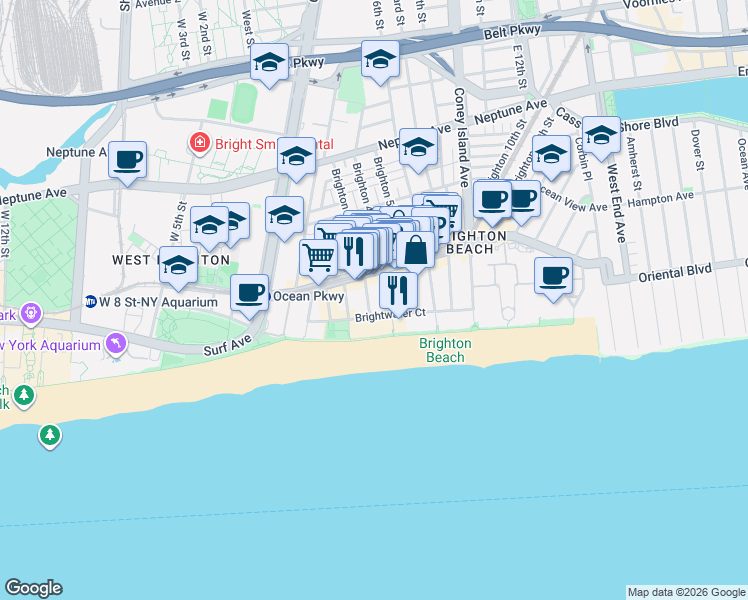map of restaurants, bars, coffee shops, grocery stores, and more near 3110 Brighton 4th Street in Brooklyn