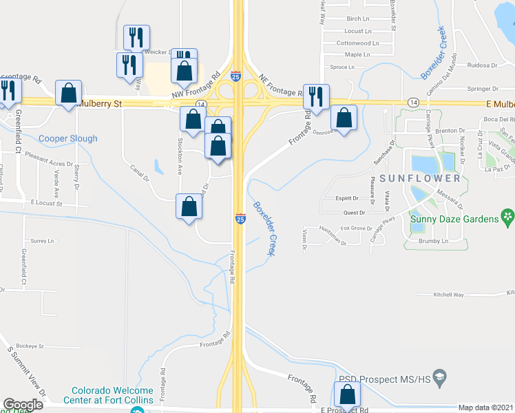 map of restaurants, bars, coffee shops, grocery stores, and more near 1012 Frontage Road in Fort Collins