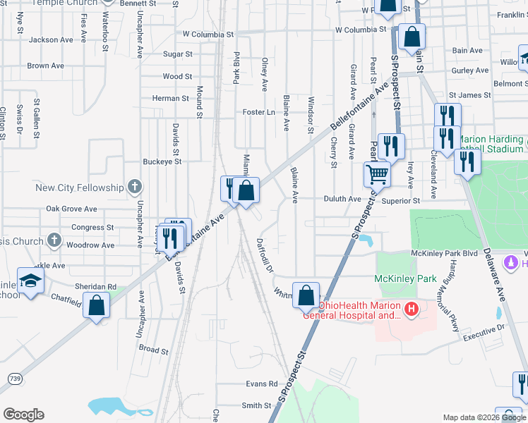 map of restaurants, bars, coffee shops, grocery stores, and more near 2 Poppy Place in Marion