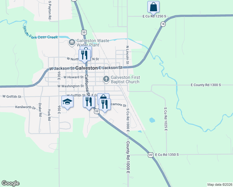 map of restaurants, bars, coffee shops, grocery stores, and more near 304 S Deer Creek St in Galveston