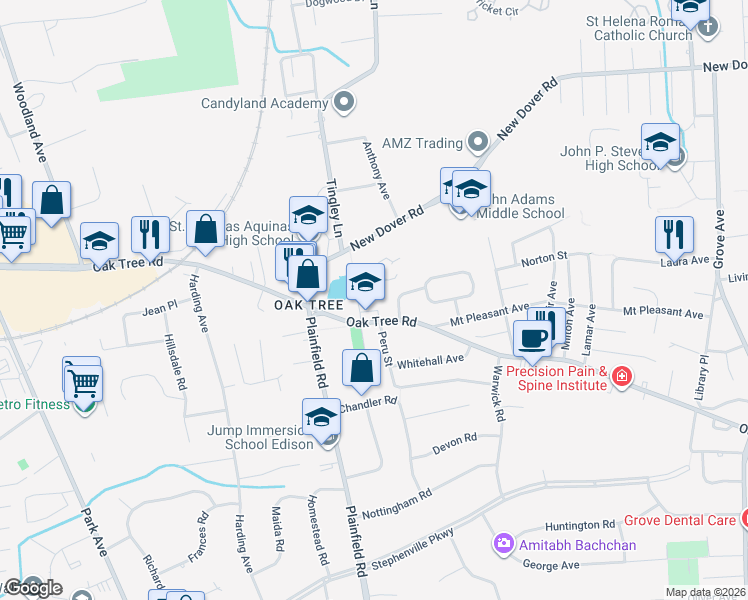 map of restaurants, bars, coffee shops, grocery stores, and more near 2048 Oak Tree Road in Edison