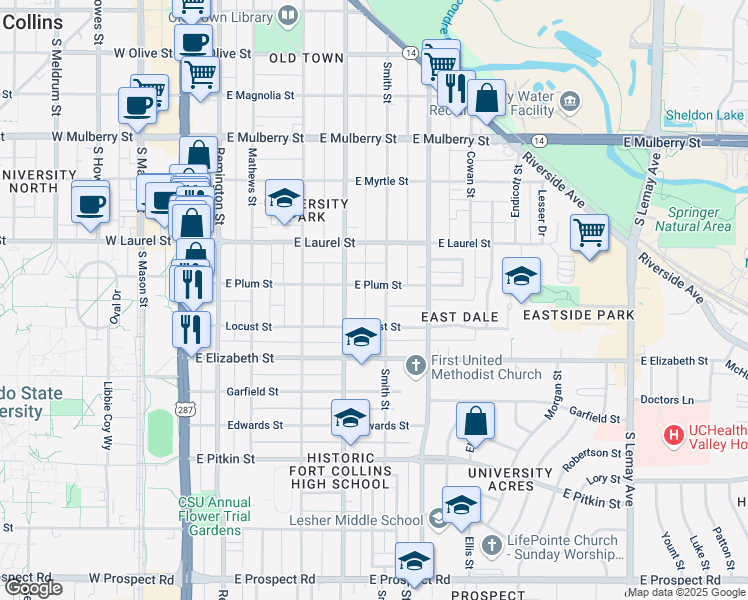 map of restaurants, bars, coffee shops, grocery stores, and more near 521 East Plum Street in Fort Collins