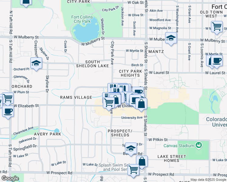 map of restaurants, bars, coffee shops, grocery stores, and more near 1323 West Plum Street in Fort Collins