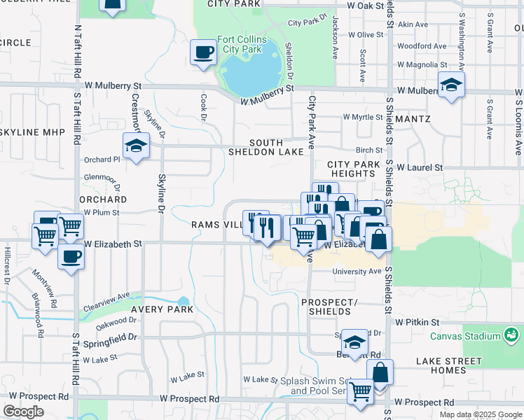 map of restaurants, bars, coffee shops, grocery stores, and more near 1601 West Plum Street in Fort Collins