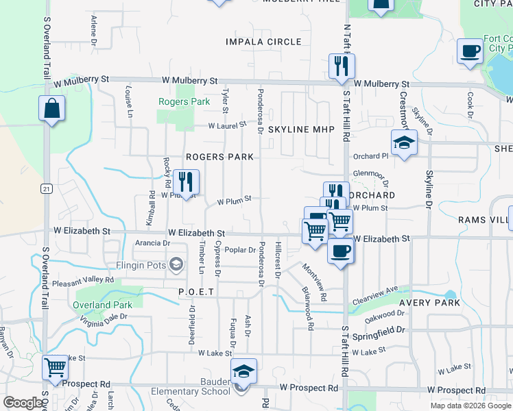 map of restaurants, bars, coffee shops, grocery stores, and more near 900 Ponderosa Drive in Fort Collins