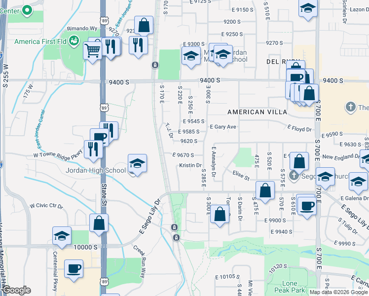 map of restaurants, bars, coffee shops, grocery stores, and more near 240 T.J. Drive in Sandy