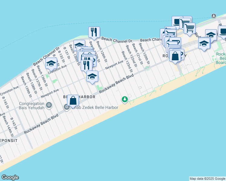map of restaurants, bars, coffee shops, grocery stores, and more near 1-99 Beach 127th Street in Queens