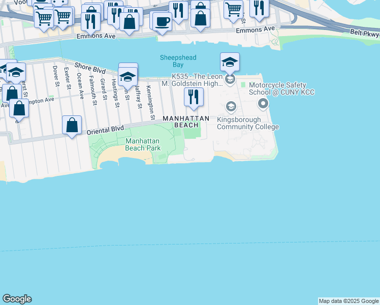 map of restaurants, bars, coffee shops, grocery stores, and more near 1516 Oriental Blvd in Brooklyn
