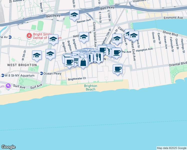 map of restaurants, bars, coffee shops, grocery stores, and more near 3110 Brighton 7th Street in Brooklyn