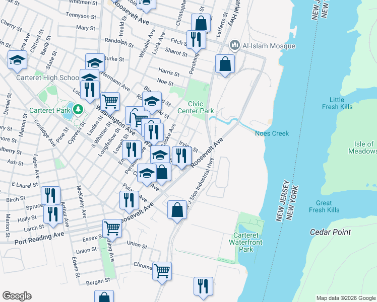 map of restaurants, bars, coffee shops, grocery stores, and more near 43 Irving Street in Carteret