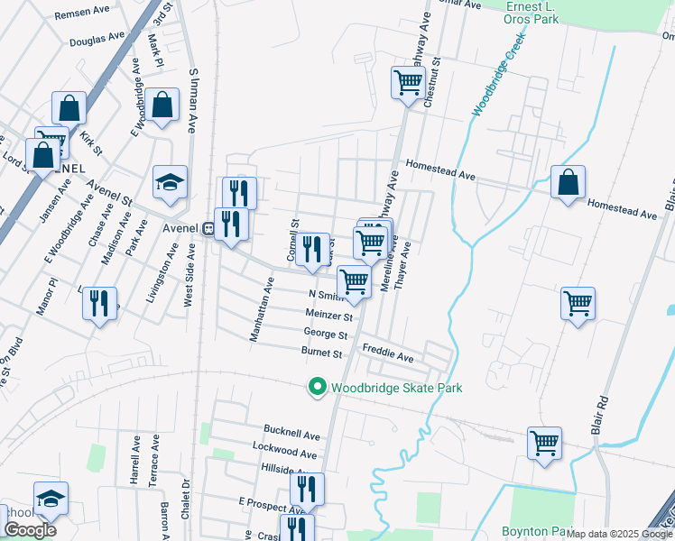 map of restaurants, bars, coffee shops, grocery stores, and more near 29 Harvard Avenue in Woodbridge Township