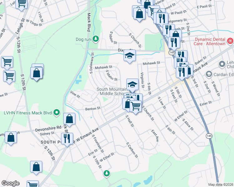 map of restaurants, bars, coffee shops, grocery stores, and more near 2014 South Hall Street in Allentown