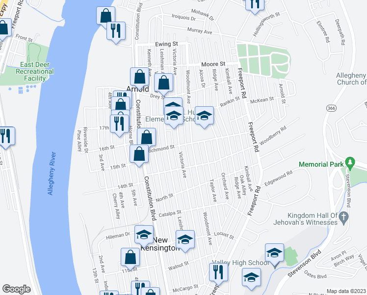 map of restaurants, bars, coffee shops, grocery stores, and more near 1701 Woodmont Avenue in Arnold