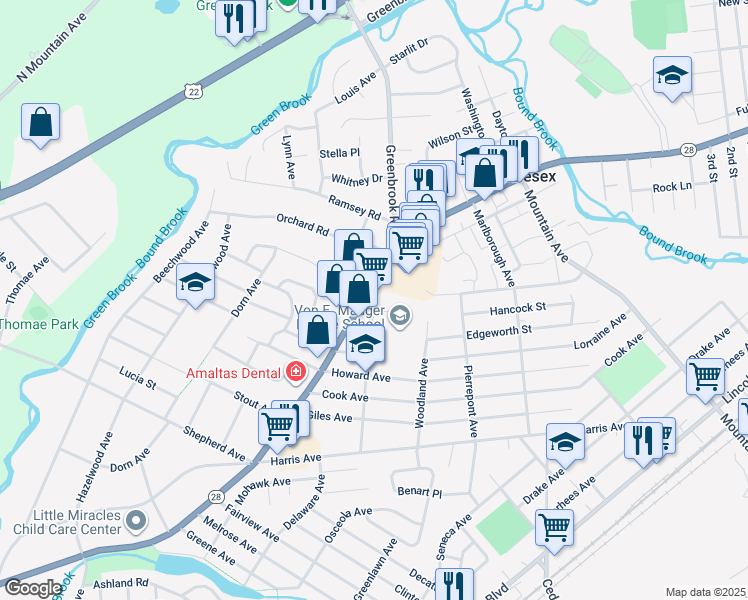 map of restaurants, bars, coffee shops, grocery stores, and more near 570 Union Avenue in Middlesex