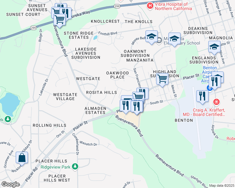 map of restaurants, bars, coffee shops, grocery stores, and more near 1431 Lear Way in Redding