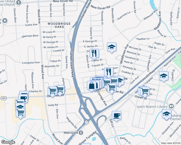 map of restaurants, bars, coffee shops, grocery stores, and more near 129 Pershing Avenue in Woodbridge Township