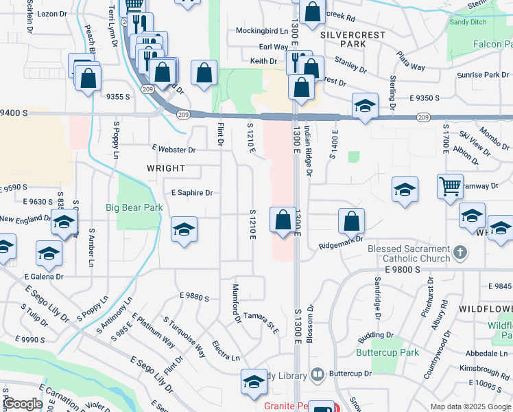 map of restaurants, bars, coffee shops, grocery stores, and more near 9633 South 1210 East in Sandy