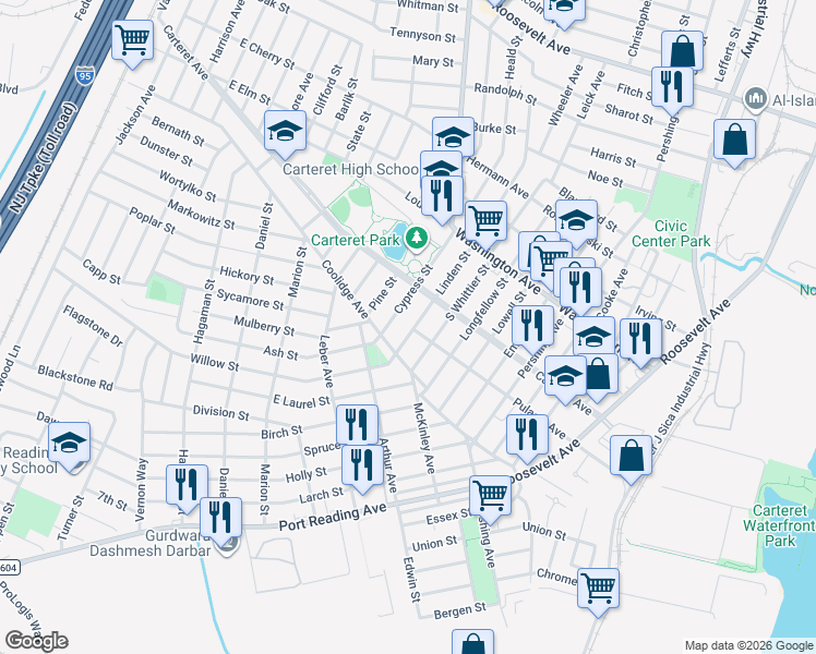 map of restaurants, bars, coffee shops, grocery stores, and more near 27 Linden Street in Carteret